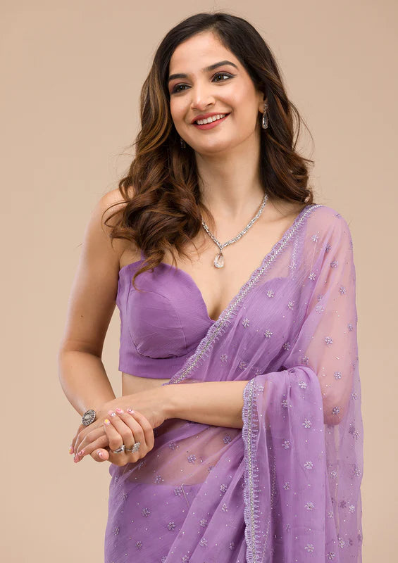 Lavender Chiffon Threadwork Saree With Matching Blouse Piece