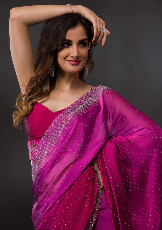 Wine Satin Silver Stonework Saree With Matching Blouse Piece