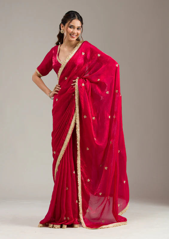 Rani Pink Tissue Gold Zariwork Saree With Matching Blouse Piece