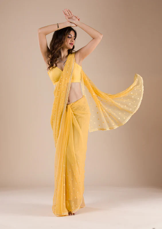 Mustard Chiffon Threadwork Saree With Matching Blouse Piece