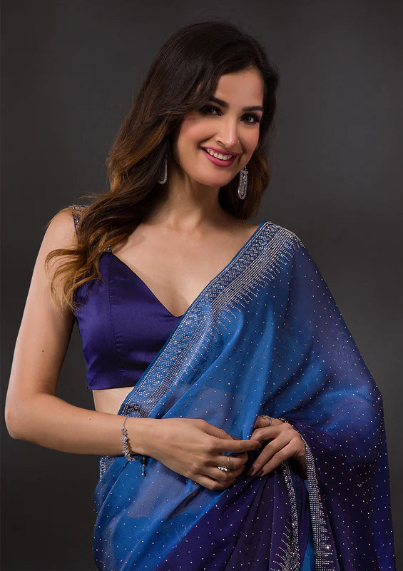 Navy Blue Crepe Silver Stonework Saree With Matching Blouse Piece