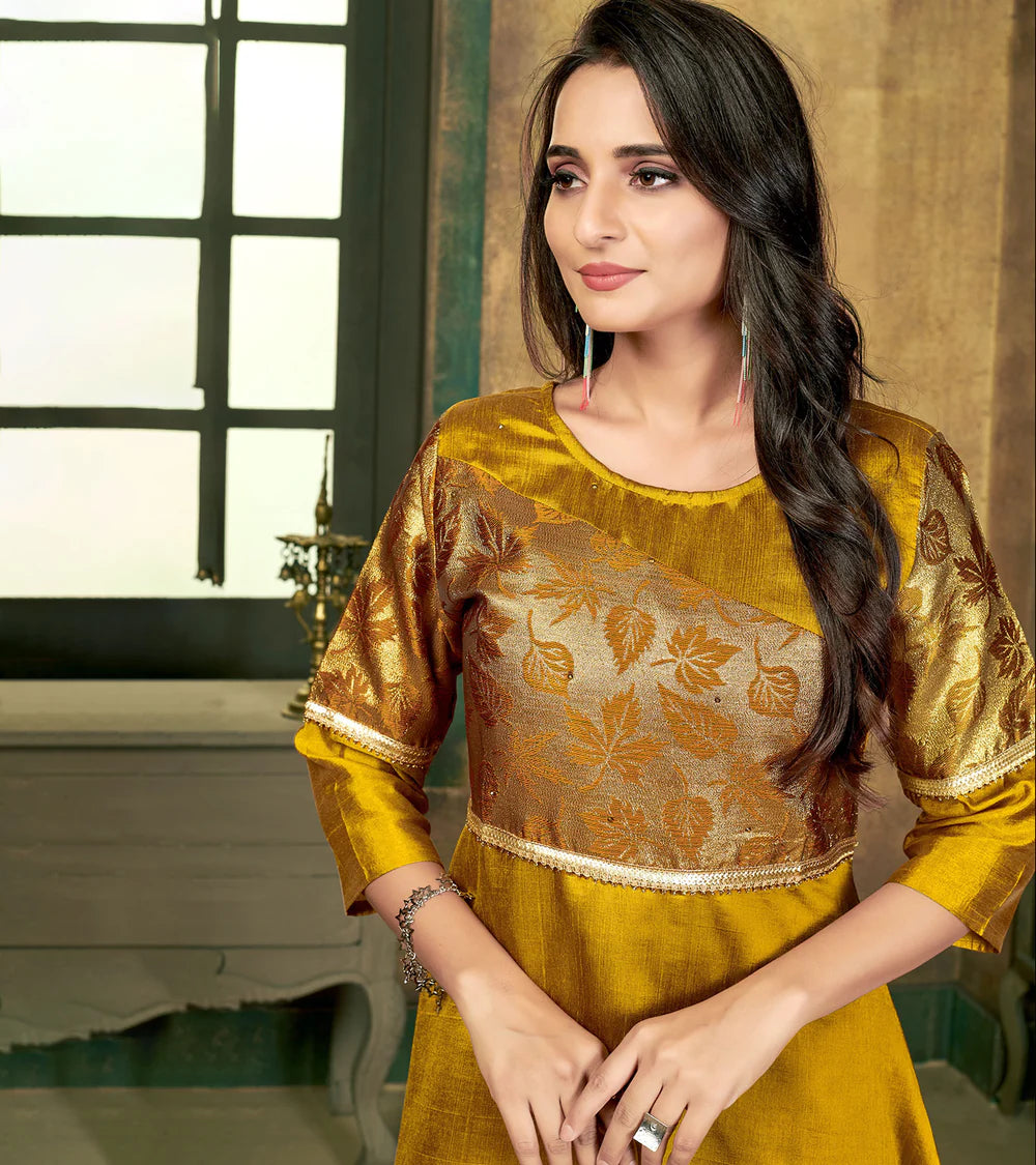 Sunny Silk With Brocade Festival Golden Flared Gown With Mask
