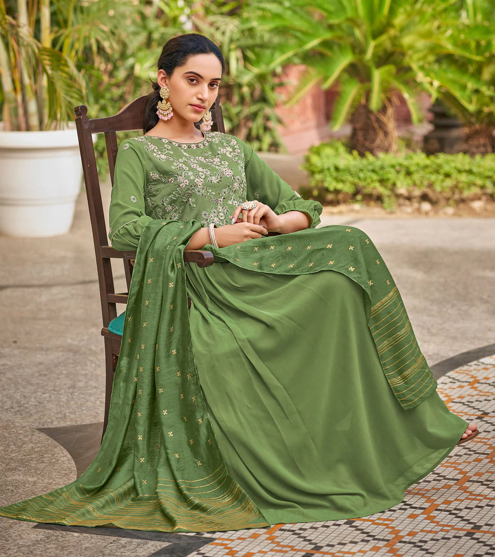 Baby Georgette Fern Green Sequence Embroidery Full Length Georgette Gown With Fancy Viscoss Duppata