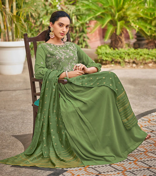 Baby Georgette Fern Green Sequence Embroidery Full Length Georgette Gown With Fancy Viscoss Duppata