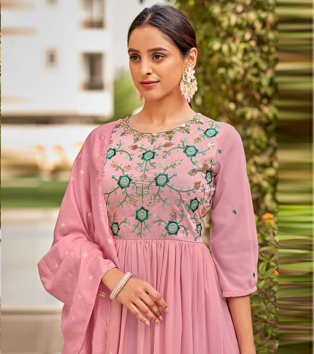 Baby Georgette Rose Pink Sequence Embroidery Full Length Georgette Gown With Fancy Viscoss Duppata