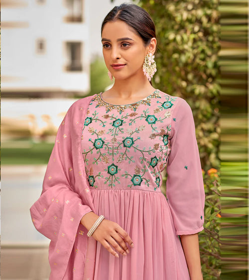Baby Georgette Rose Pink Sequence Embroidery Full Length Georgette Gown With Fancy Viscoss Duppata