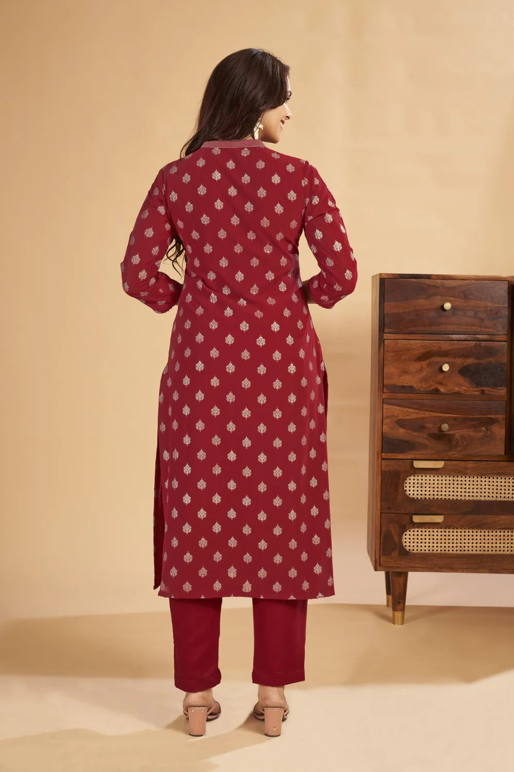 Sahiba - KT0004 Georgette Foil Printed Straight Woman Maroon Kurta