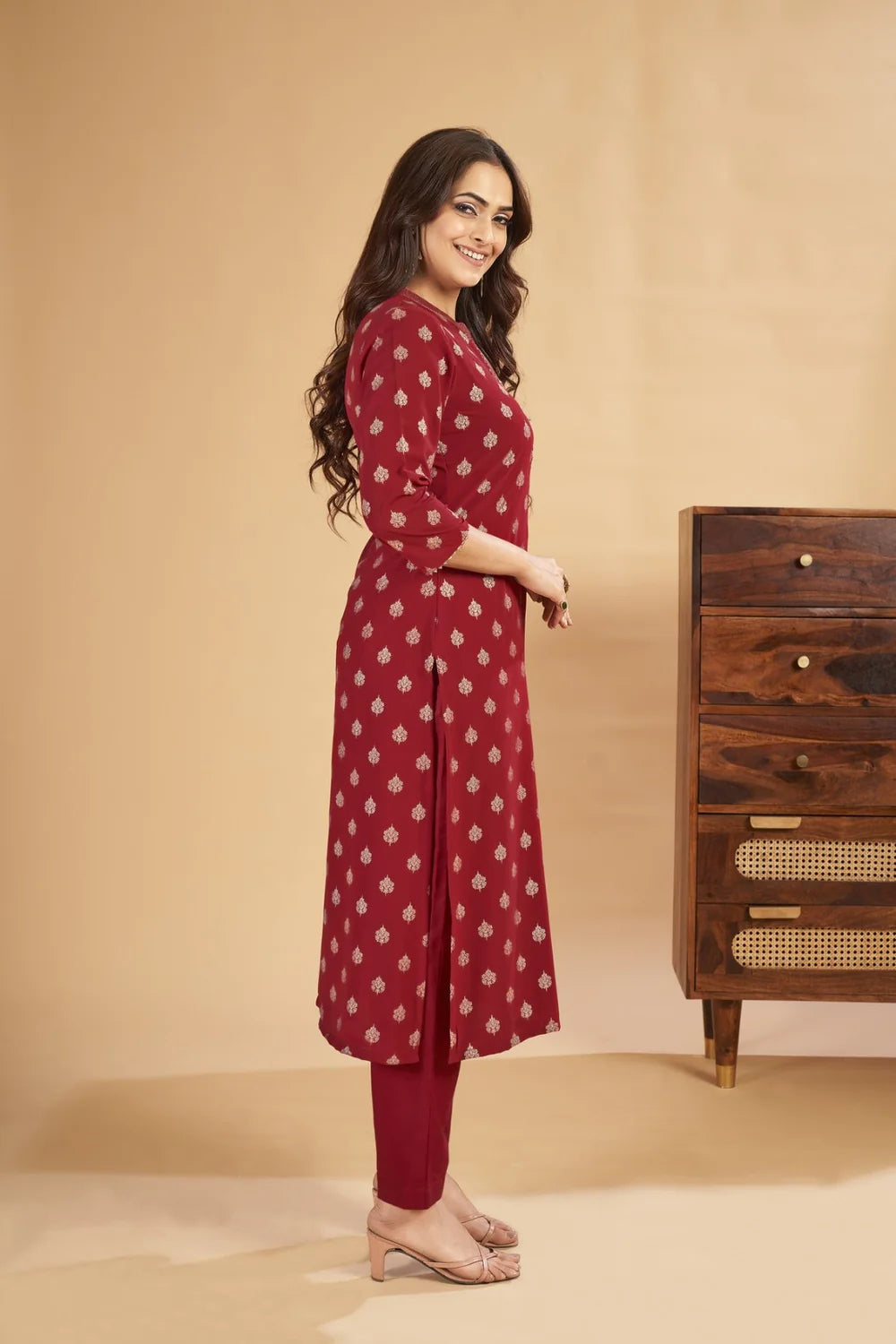 Sahiba - KT0004 Georgette Foil Printed Straight Woman Maroon Kurta