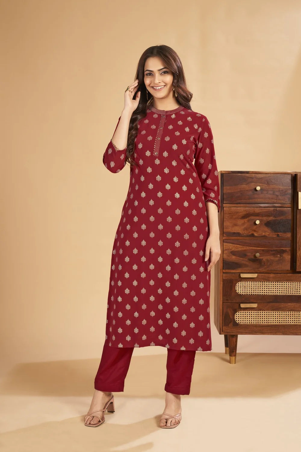 Sahiba - KT0004 Georgette Foil Printed Straight Woman Maroon Kurta
