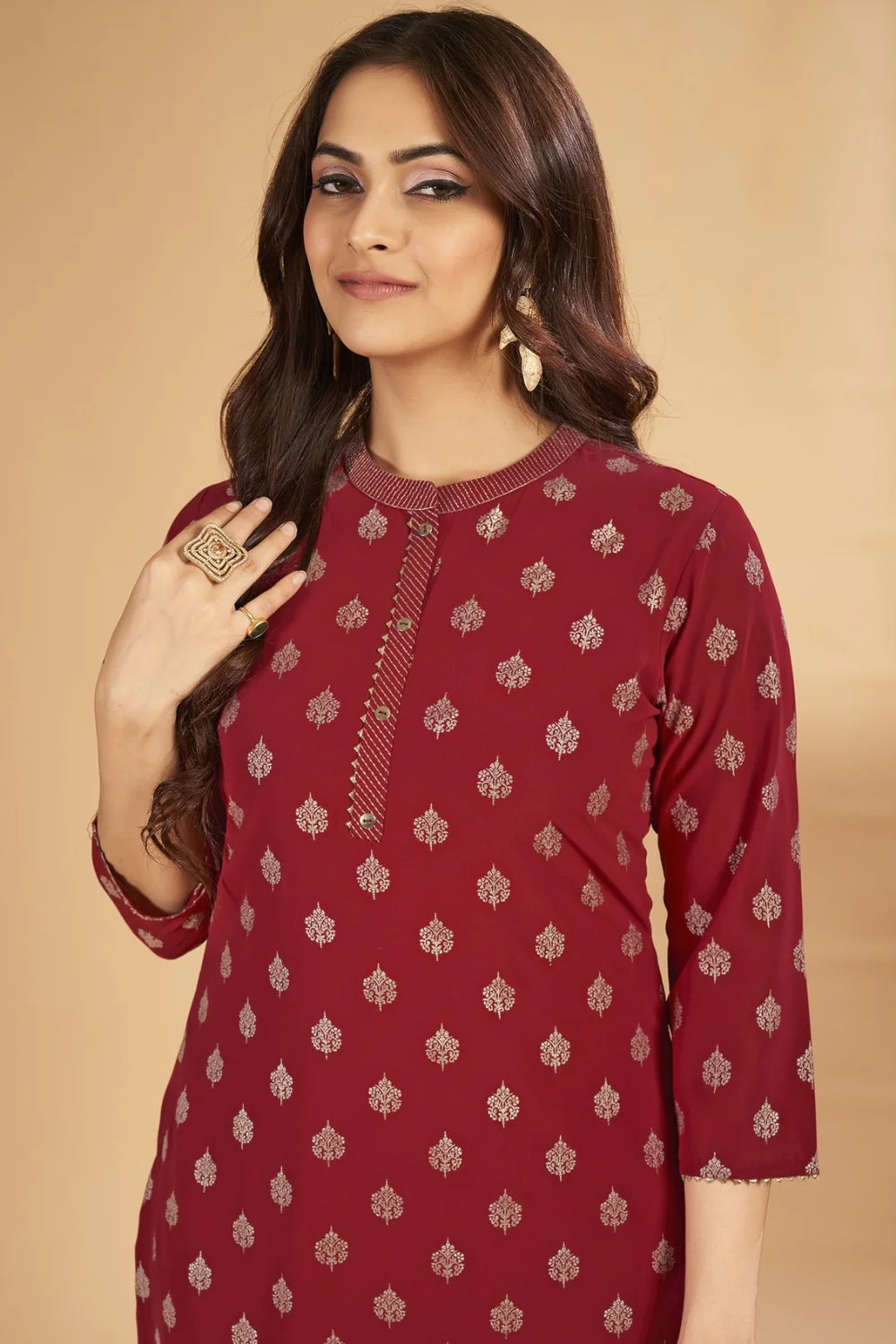 Sahiba - KT0004 Georgette Foil Printed Straight Woman Maroon Kurta