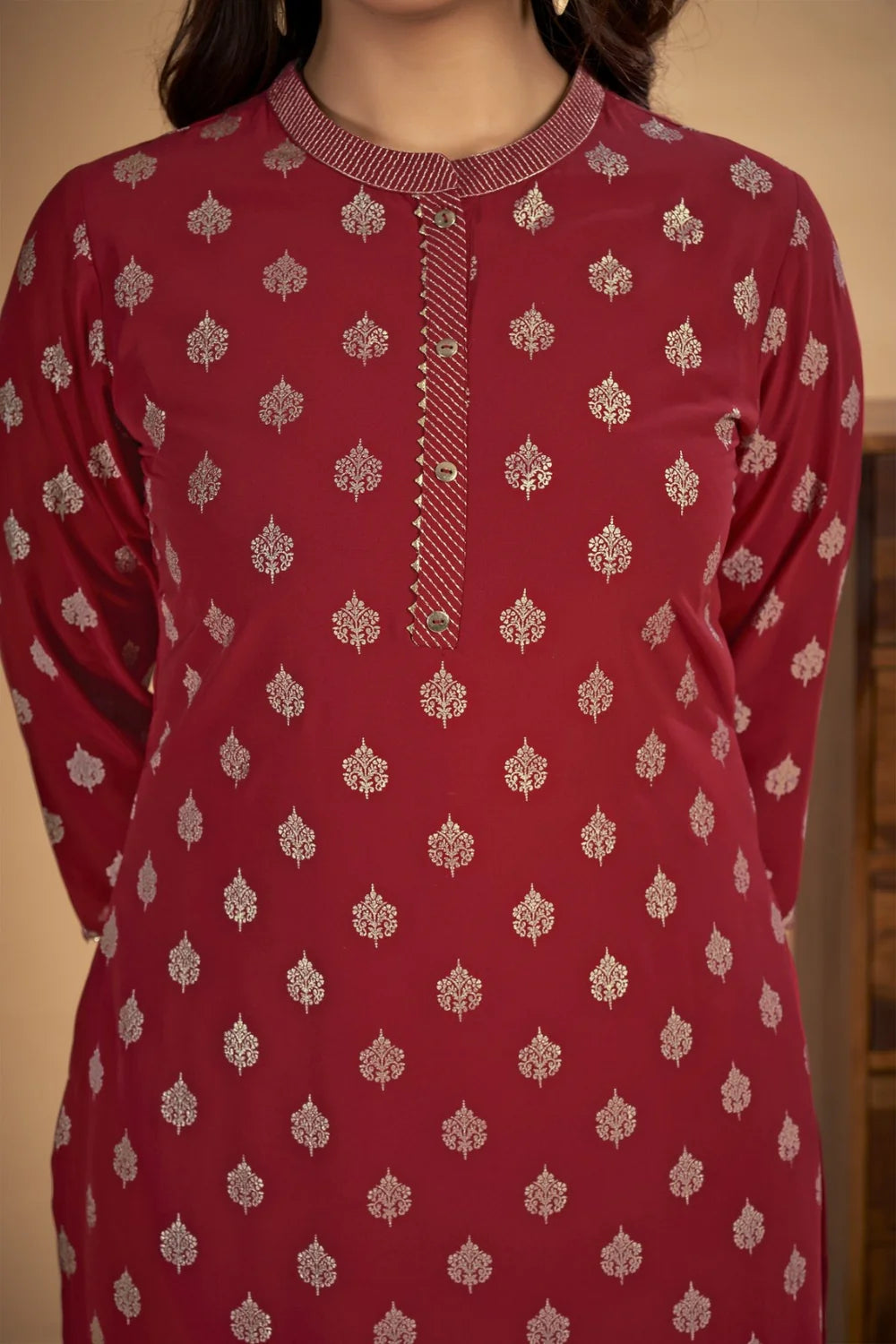 Sahiba - KT0004 Georgette Foil Printed Straight Woman Maroon Kurta