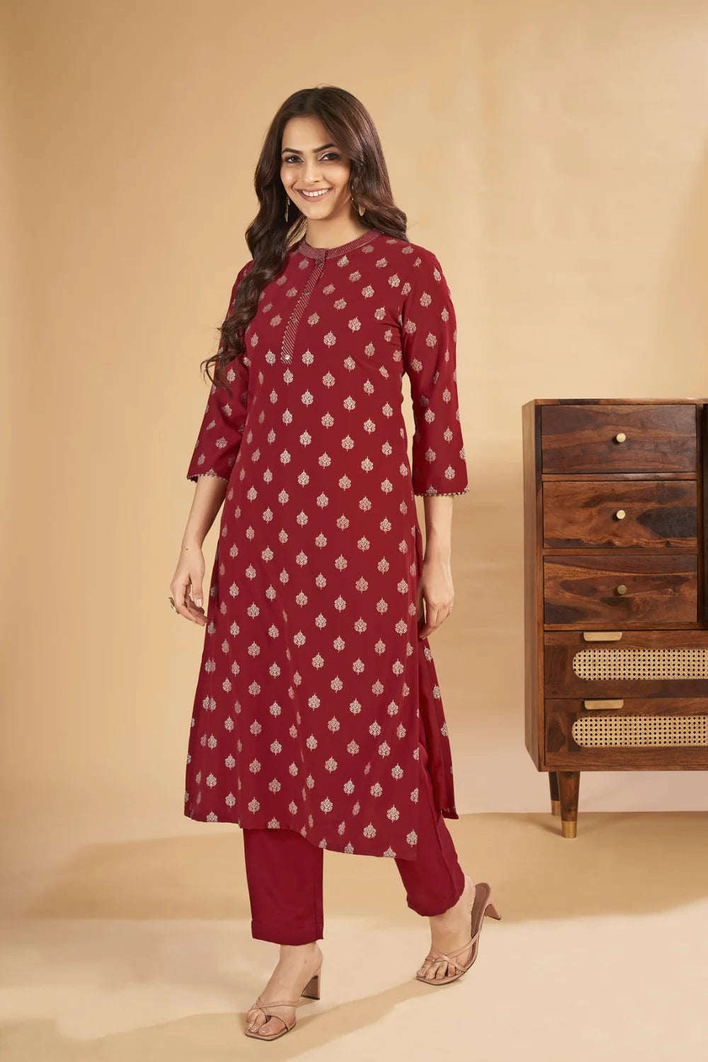 Sahiba - KT0004 Georgette Foil Printed Straight Woman Maroon Kurta