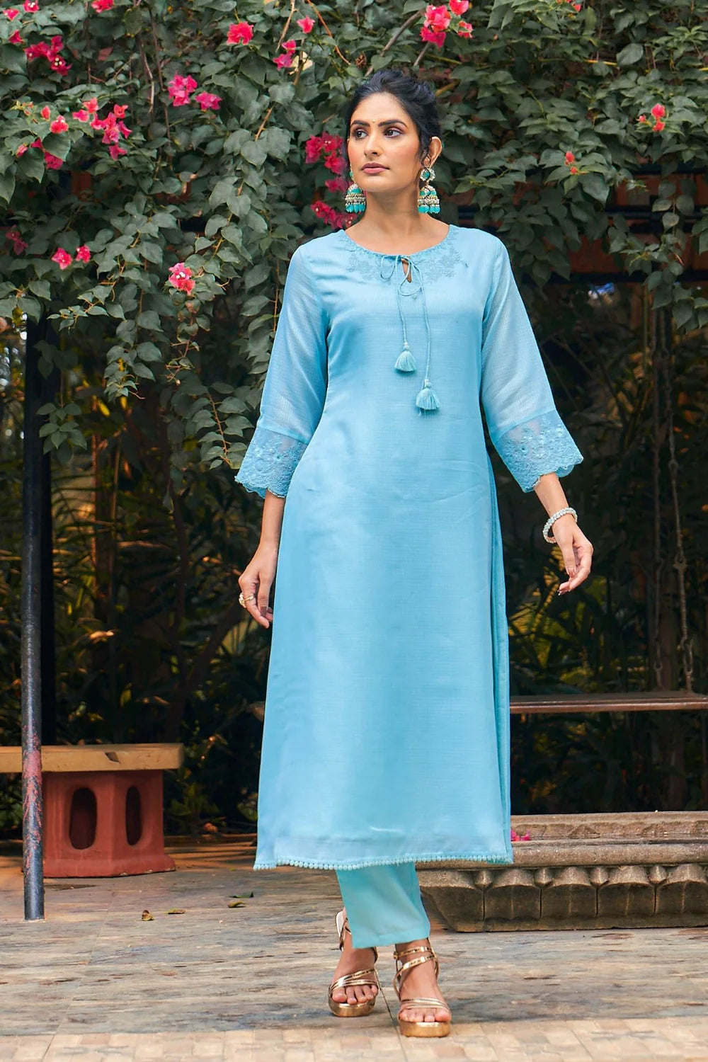 Summer Romance - KT0042 Kota Doria Embroidered Turquoise Kurta