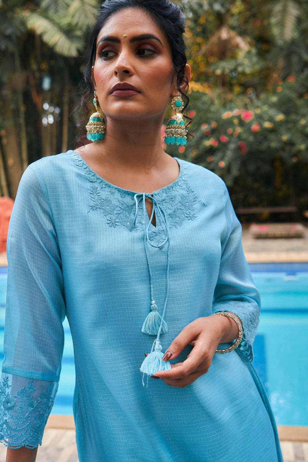 Summer Romance - KT0042 Kota Doria Embroidered Turquoise Kurta