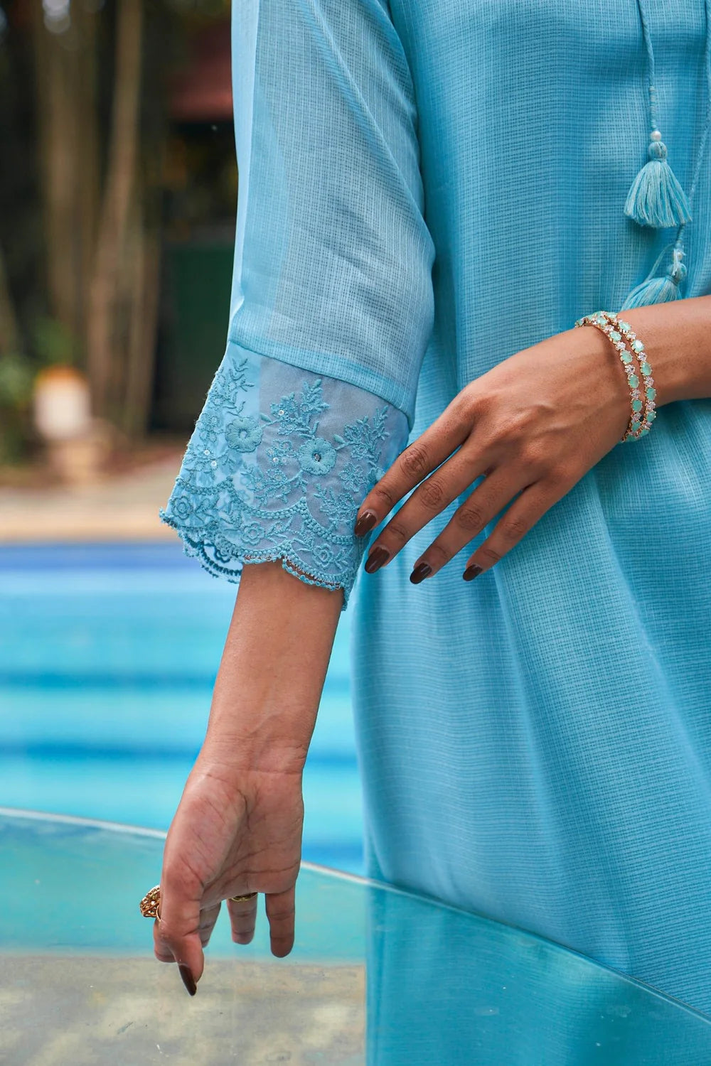 Summer Romance - KT0042 Kota Doria Embroidered Turquoise Kurta