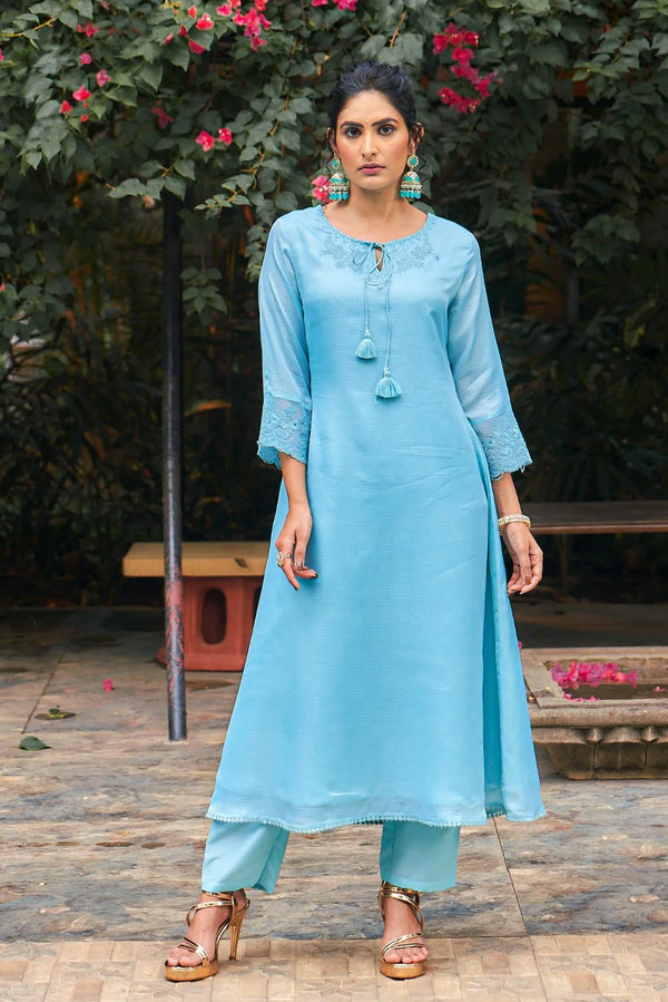 Summer Romance - KT0042 Kota Doria Embroidered Turquoise Kurta