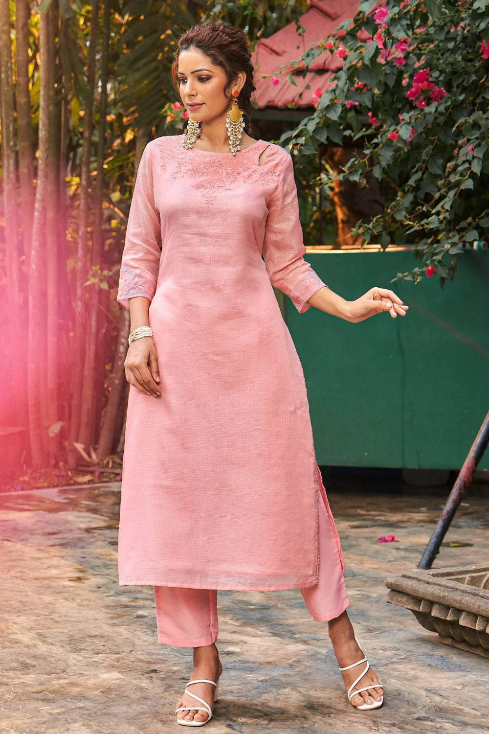 Summer Romance - KT0043 Kota Doria Embroidered Straight Woman Peach Kurta