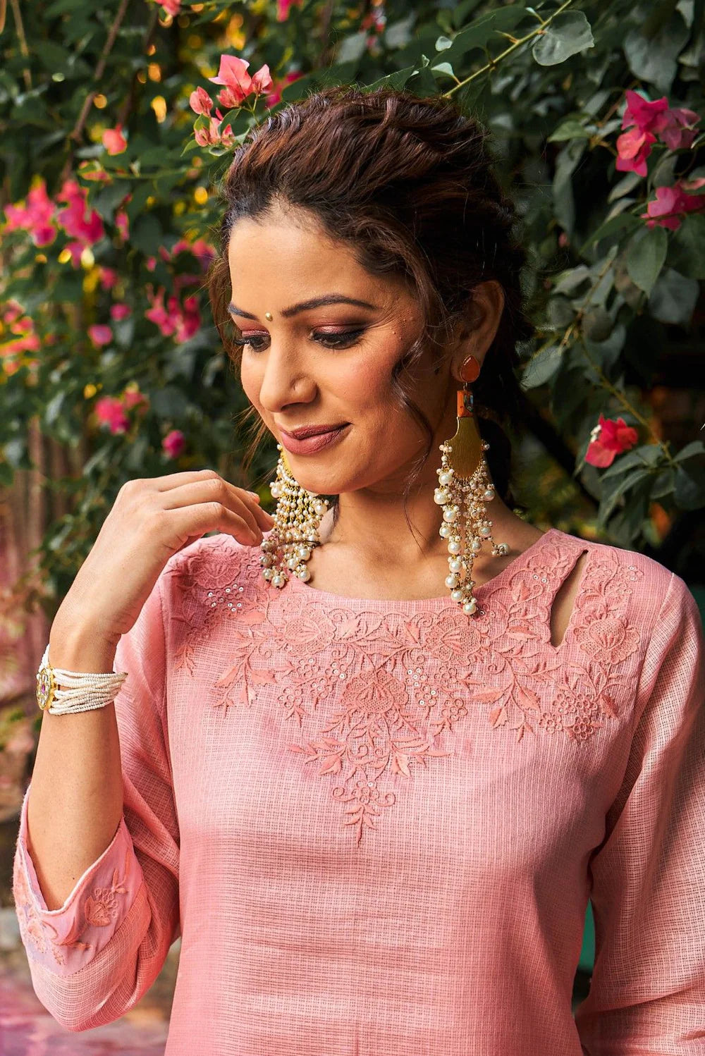 Summer Romance - KT0043 Kota Doria Embroidered Straight Woman Peach Kurta