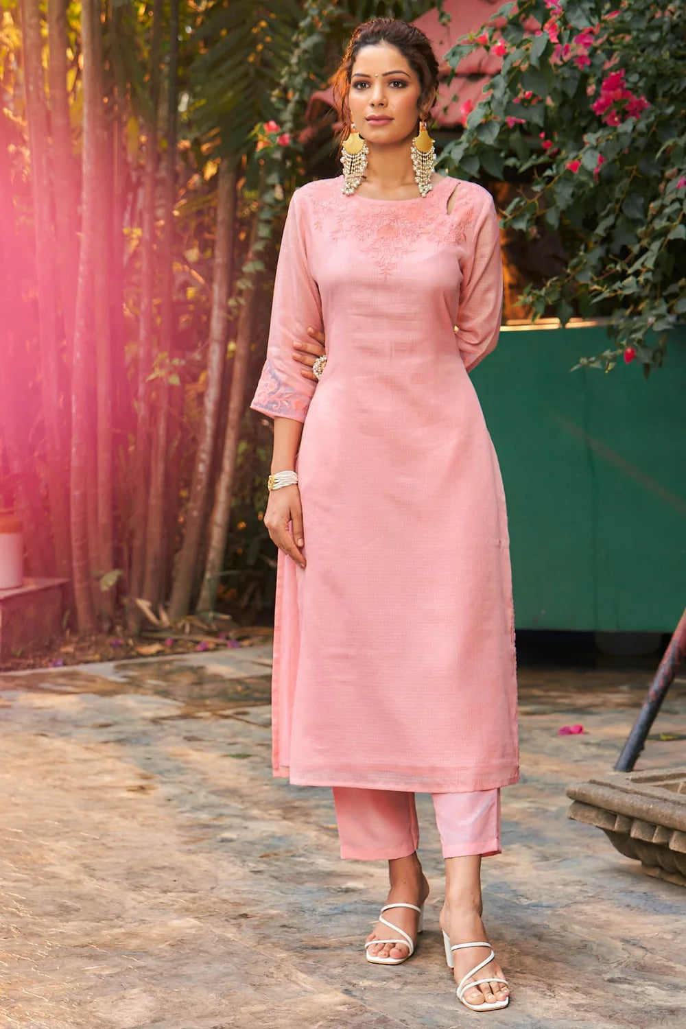 Summer Romance - KT0043 Kota Doria Embroidered Straight Woman Peach Kurta