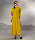 Textured Cotton Mustard Yellow Pintucks With Fair,Full Length Gown With 3/4 Sleeve & Mask