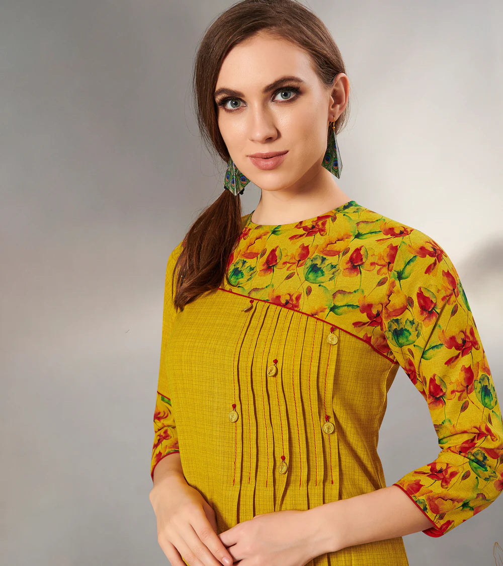 Textured Cotton Mustard Yellow Pintucks With Fair,Full Length Gown With 3/4 Sleeve & Mask