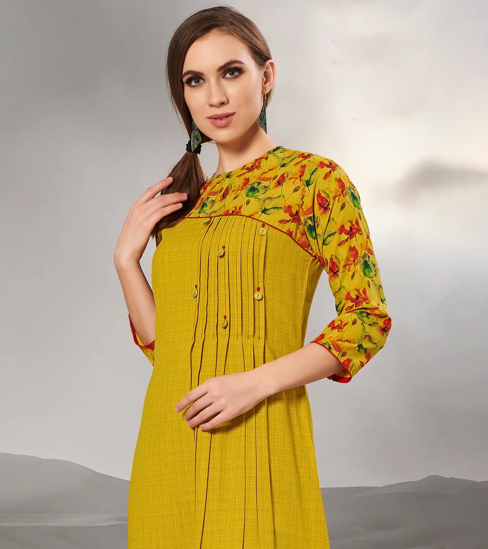 Textured Cotton Mustard Yellow Pintucks With Fair,Full Length Gown With 3/4 Sleeve & Mask