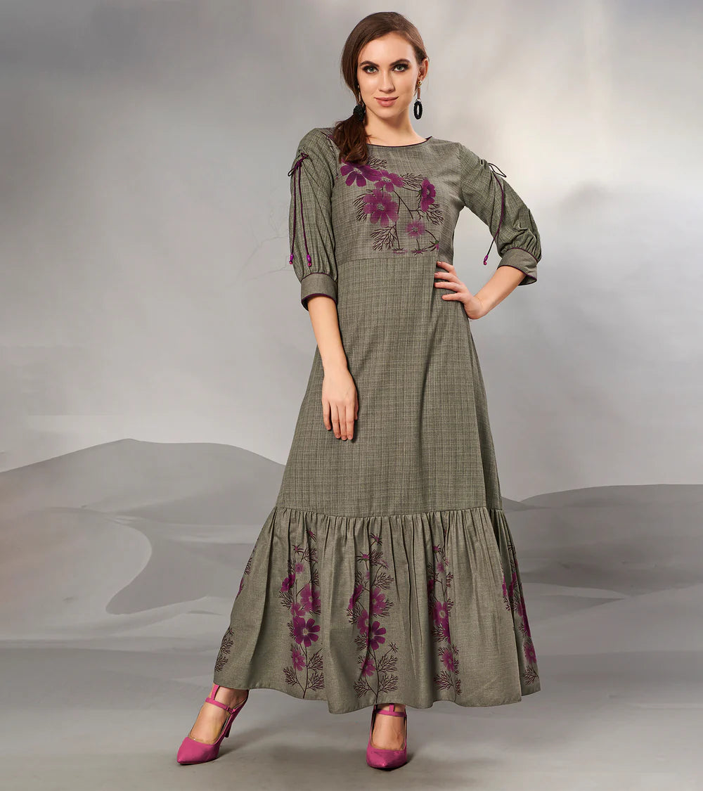 Textured Cotton Muddy Grey, Gathered Flair Full Length Gown With 3/4 Sleeve & Mask