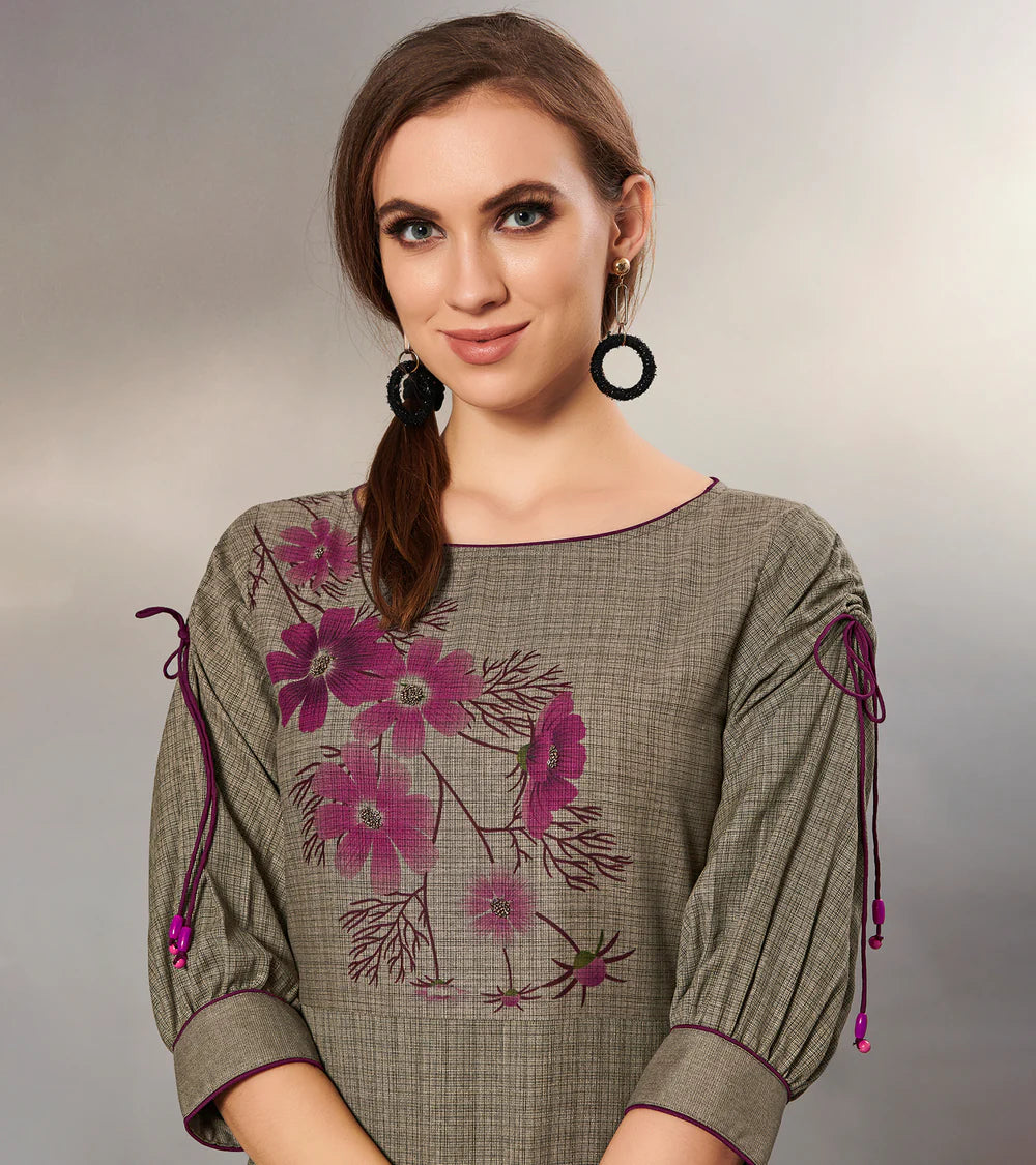 Textured Cotton Muddy Grey, Gathered Flair Full Length Gown With 3/4 Sleeve & Mask