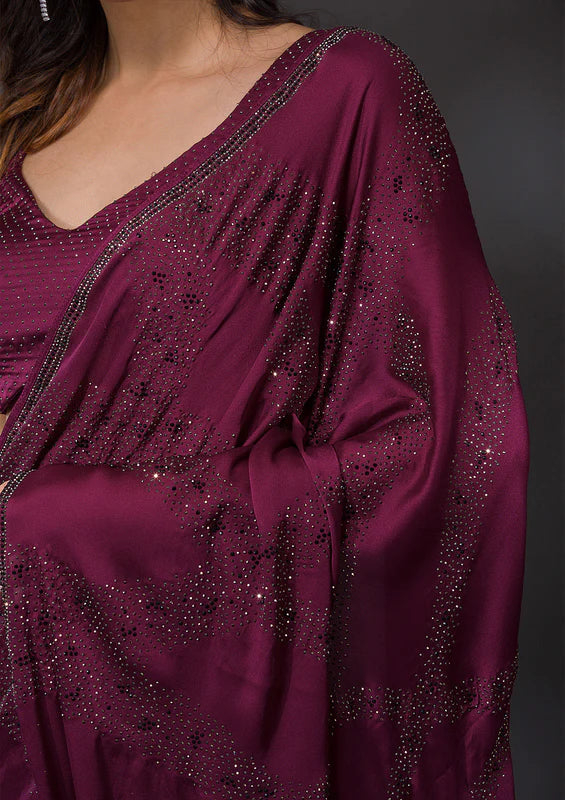 Wine Satin Swarovski Saree With Matching Blouse Piece