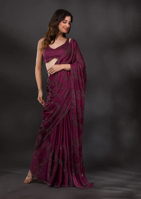 Wine Satin Swarovski Saree With Matching Blouse Piece