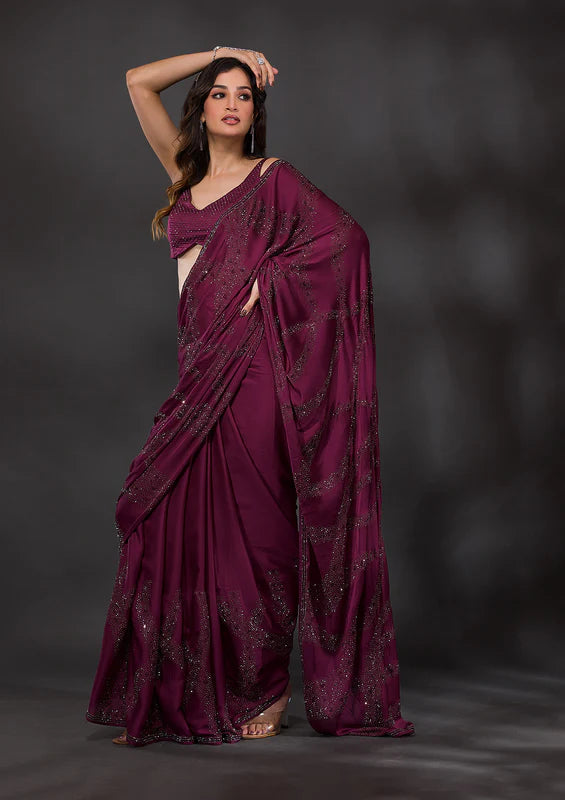 Wine Satin Swarovski Saree With Matching Blouse Piece