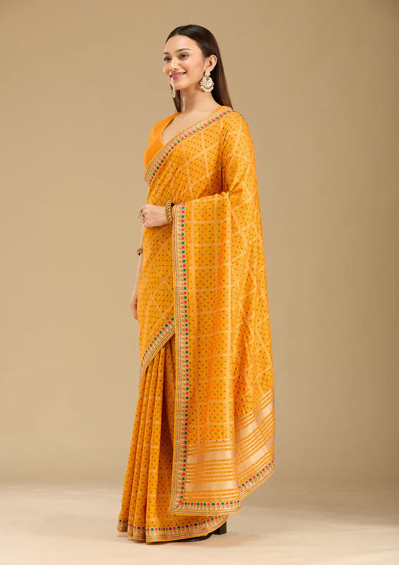 Mustard Soft Raw Silk Bandhej Gold Zariwork Saree With Matching Blouse Piece
