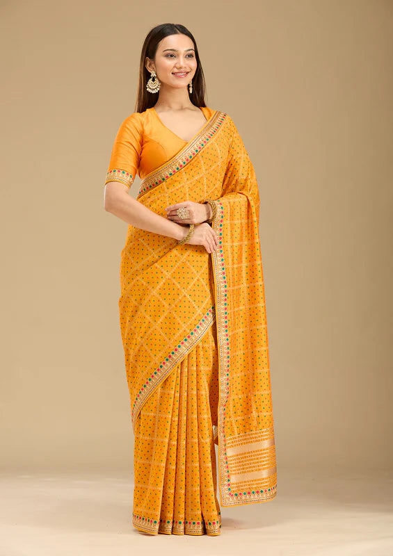 Mustard Soft Raw Silk Bandhej Gold Zariwork Saree With Matching Blouse Piece
