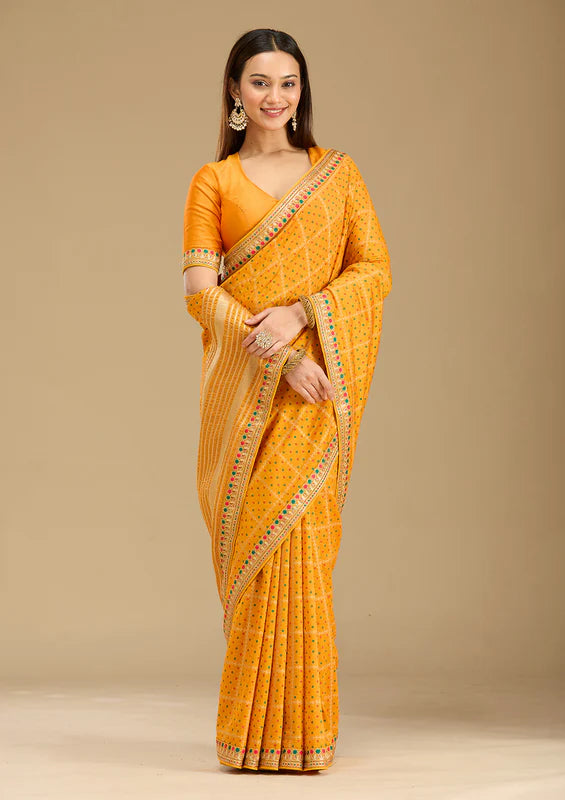 Mustard Soft Raw Silk Bandhej Gold Zariwork Saree With Matching Blouse Piece