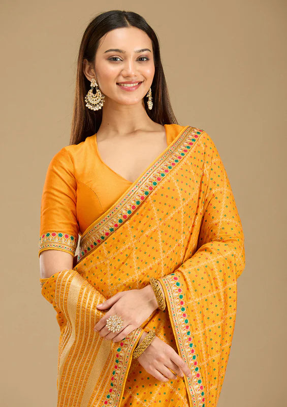 Mustard Soft Raw Silk Bandhej Gold Zariwork Saree With Matching Blouse Piece