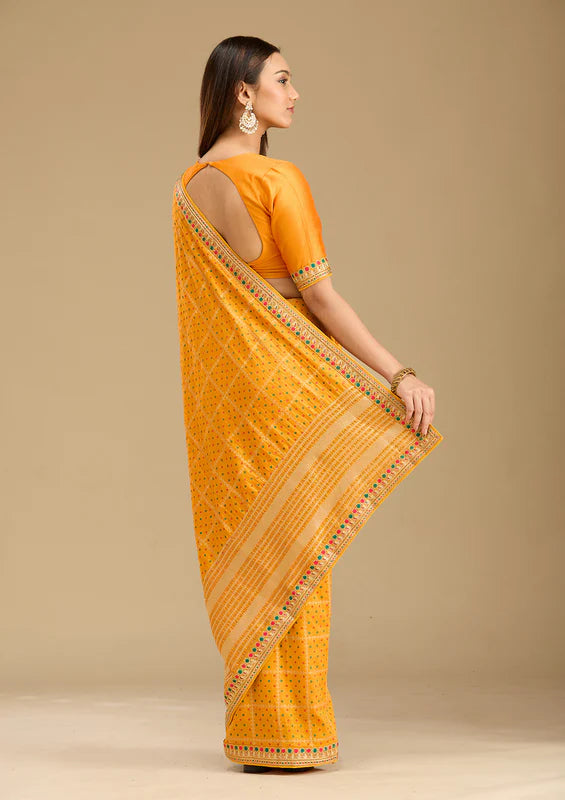 Mustard Soft Raw Silk Bandhej Gold Zariwork Saree With Matching Blouse Piece