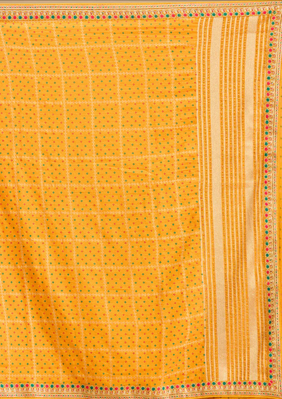 Mustard Soft Raw Silk Bandhej Gold Zariwork Saree With Matching Blouse Piece