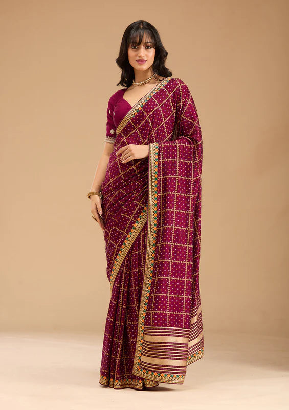 Wine Soft Raw Silk Bandhej Gold Zariwork Saree With Matching Blouse Piece