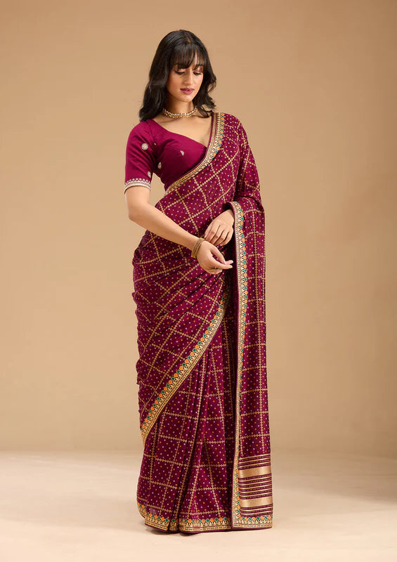 Wine Soft Raw Silk Bandhej Gold Zariwork Saree With Matching Blouse Piece