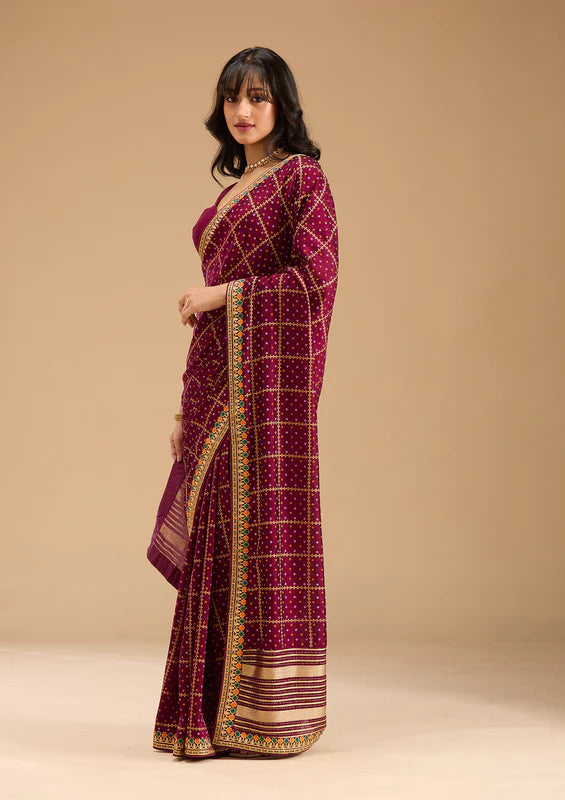 Wine Soft Raw Silk Bandhej Gold Zariwork Saree With Matching Blouse Piece