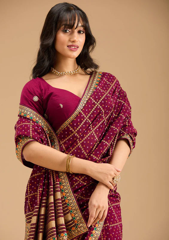 Wine Soft Raw Silk Bandhej Gold Zariwork Saree With Matching Blouse Piece