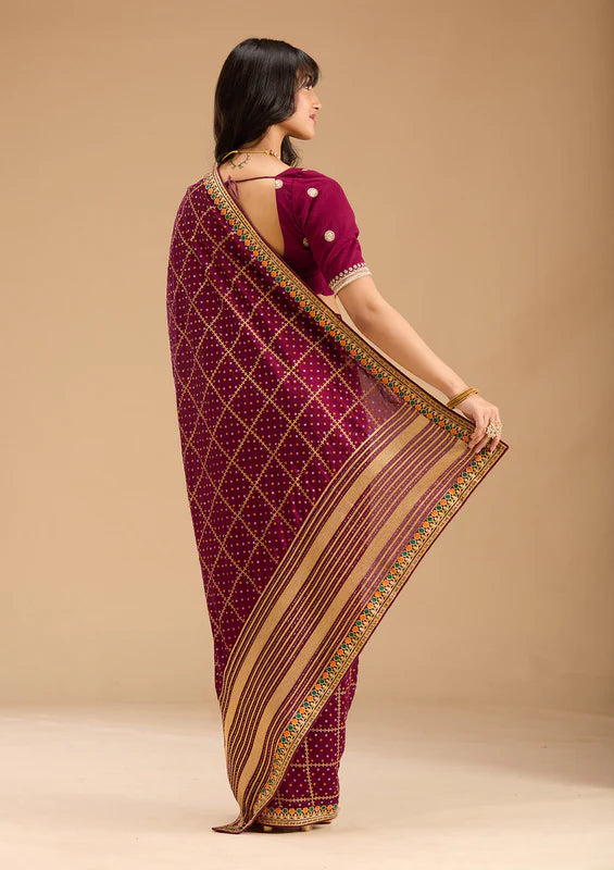 Wine Soft Raw Silk Bandhej Gold Zariwork Saree With Matching Blouse Piece