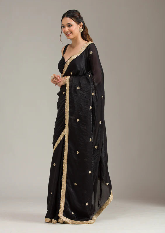 Black Tissue Gold Zariwork Saree With Matching Blouse Piece