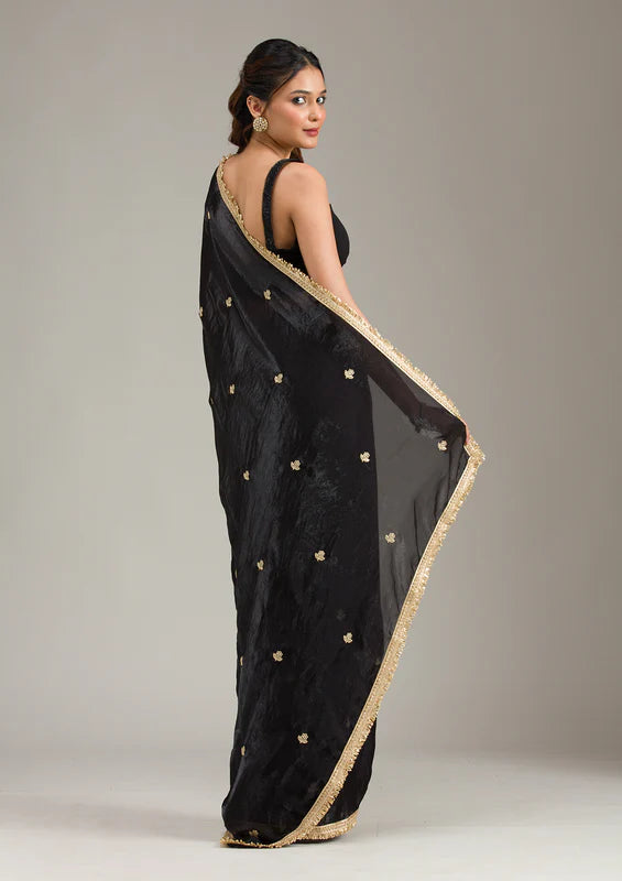 Black Tissue Gold Zariwork Saree With Matching Blouse Piece