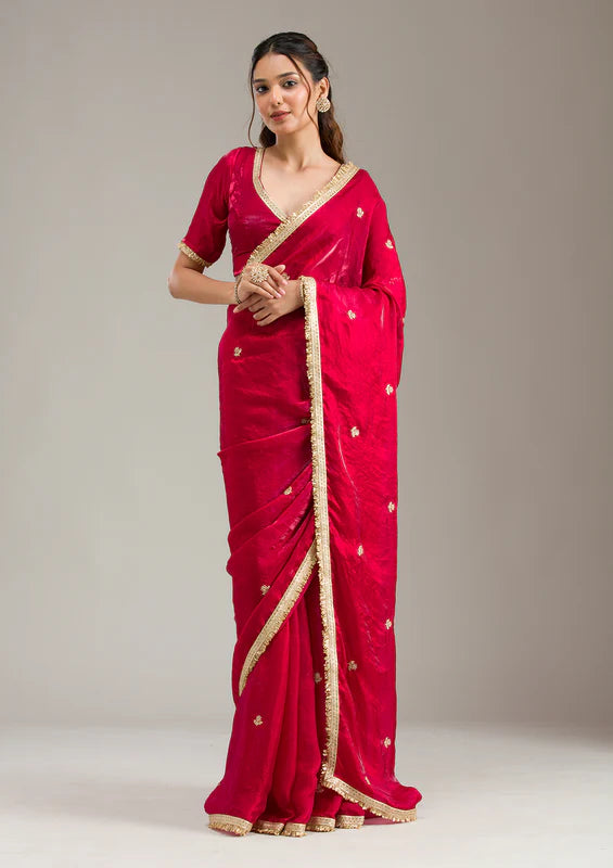 Rani Pink Tissue Gold Zariwork Saree With Matching Blouse Piece