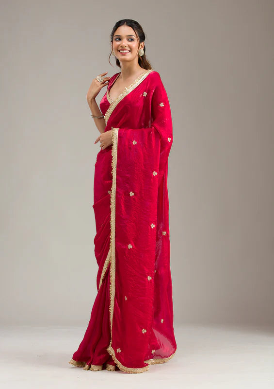 Rani Pink Tissue Gold Zariwork Saree With Matching Blouse Piece