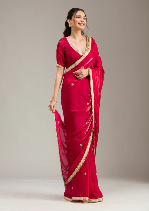 Rani Pink Tissue Gold Zariwork Saree With Matching Blouse Piece