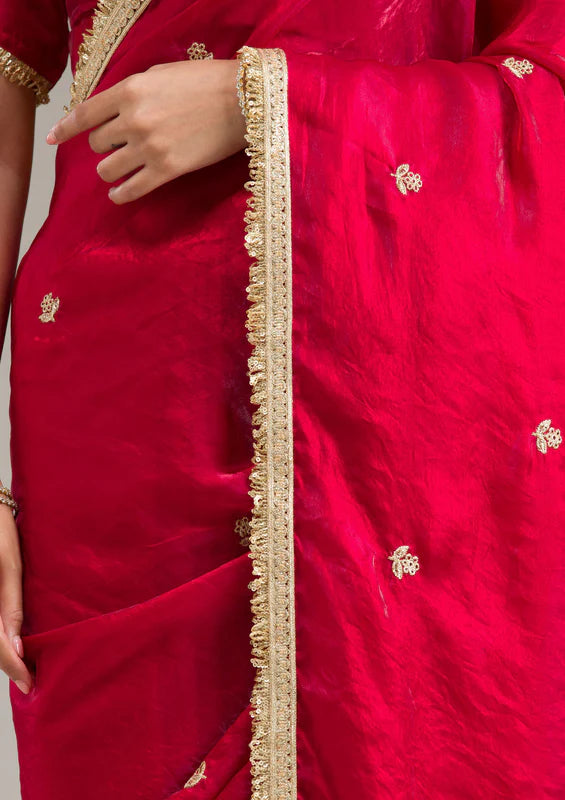 Rani Pink Tissue Gold Zariwork Saree With Matching Blouse Piece