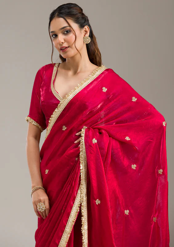 Rani Pink Tissue Gold Zariwork Saree With Matching Blouse Piece