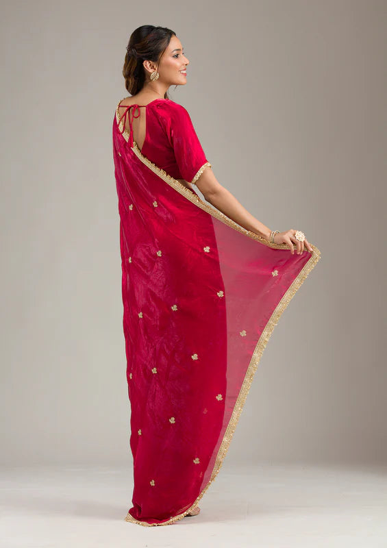 Rani Pink Tissue Gold Zariwork Saree With Matching Blouse Piece